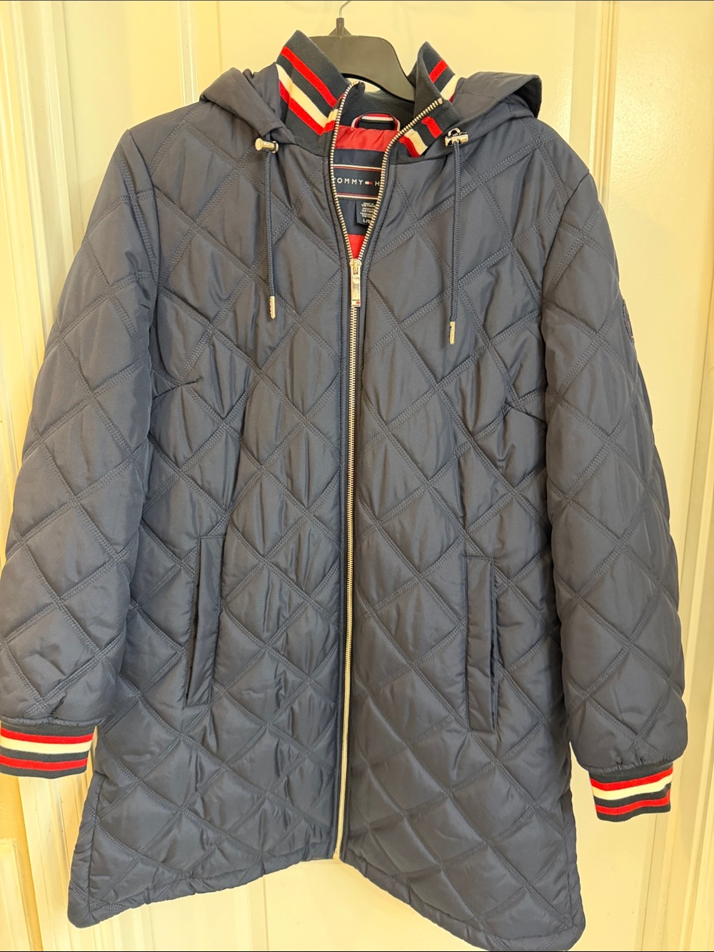 Tommy Hilfiger Navy Quilted Hooded Puffer Coat with Red Lining